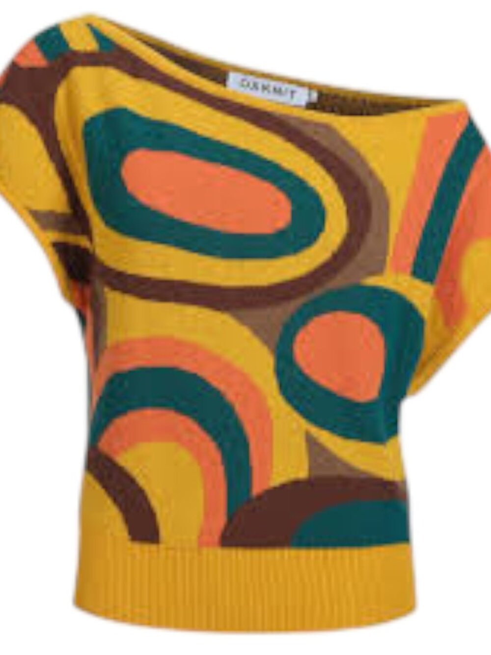 OXKNIT Women’s Mustard Abstract Jacquard Asymmetrical Knit Top S NWT